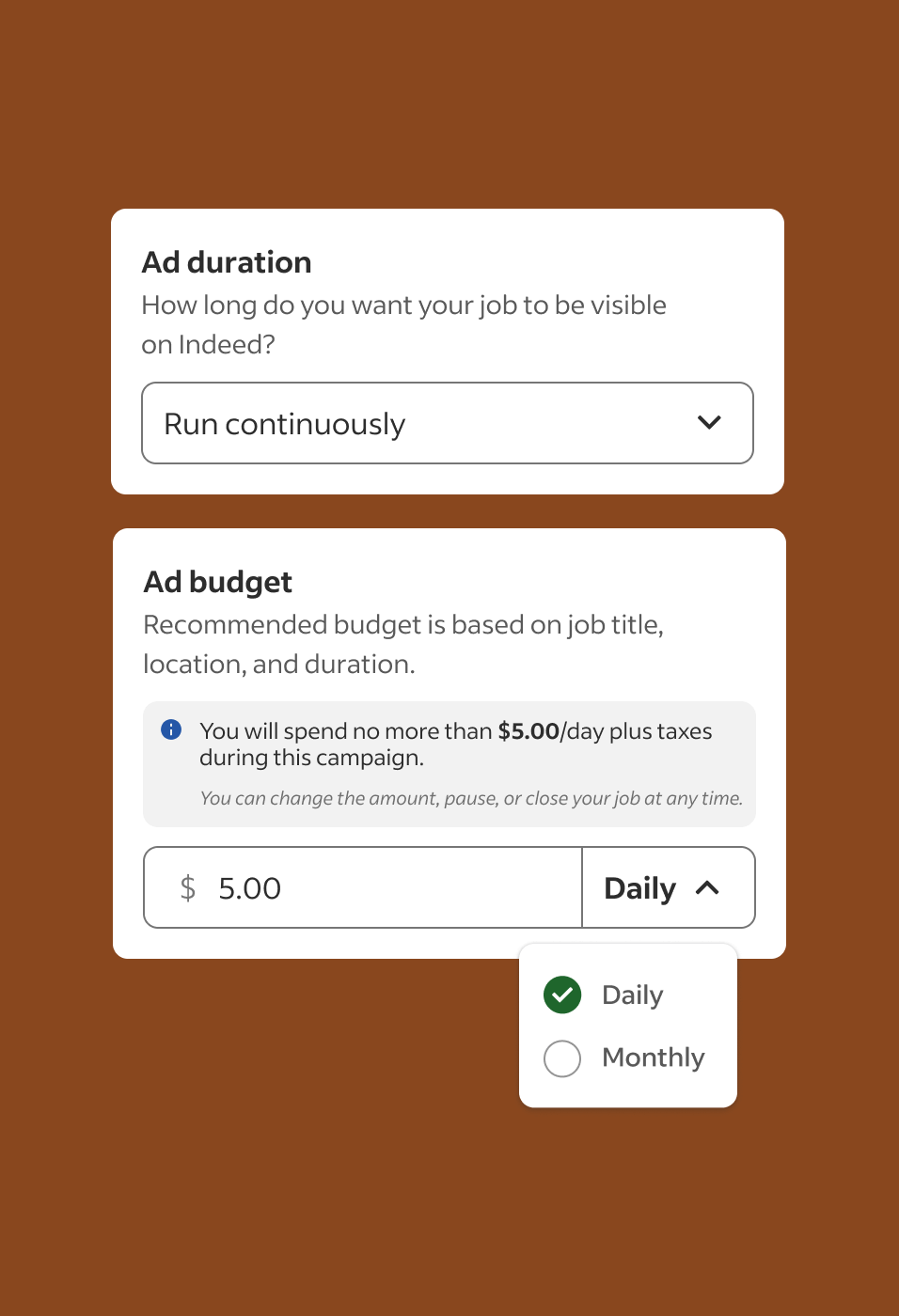 Indeed’s interface showing the budget capabilities