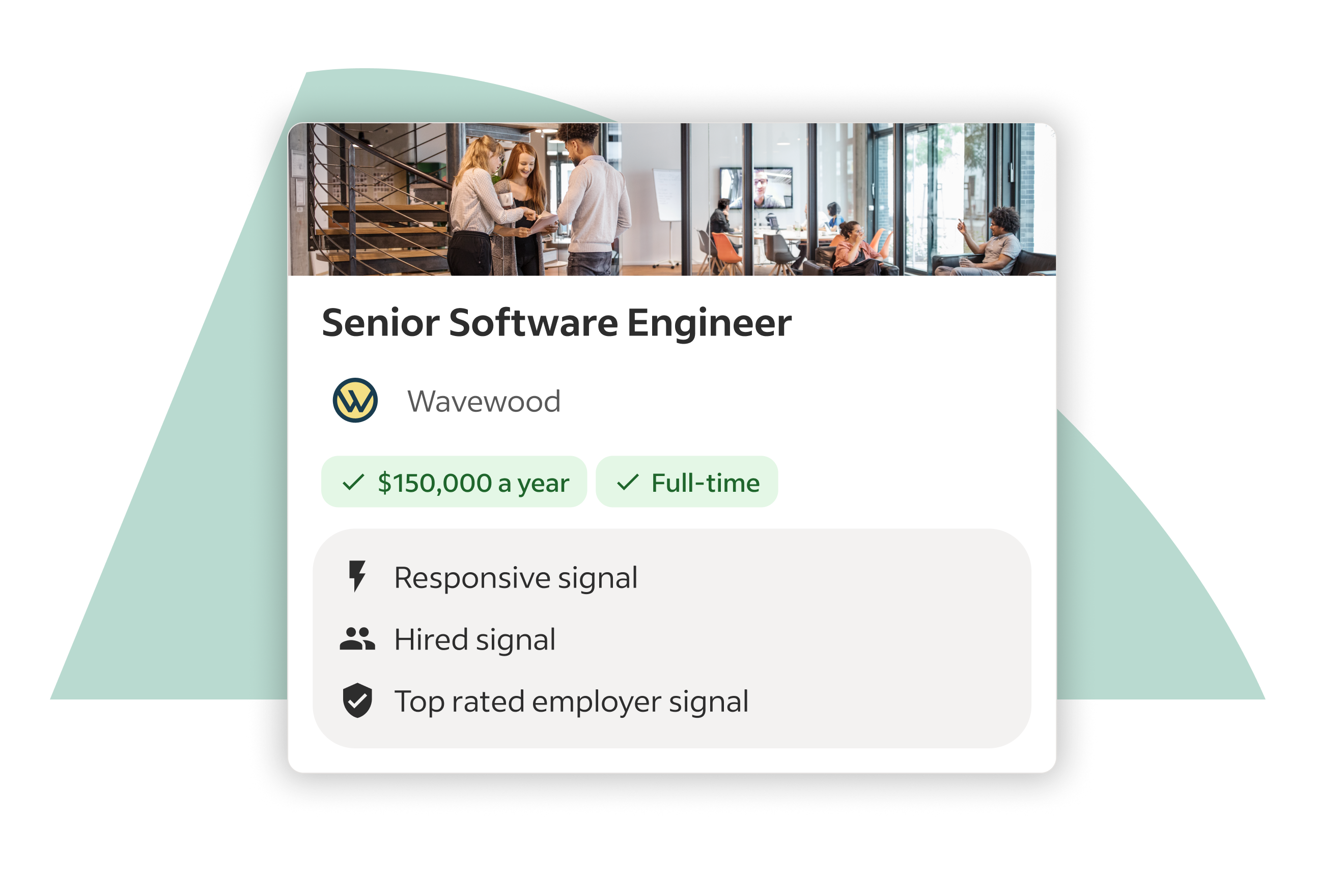 Mockup of a Wavewood branded job listing on Indeed featuring salary, employment type, and employer trust signals.