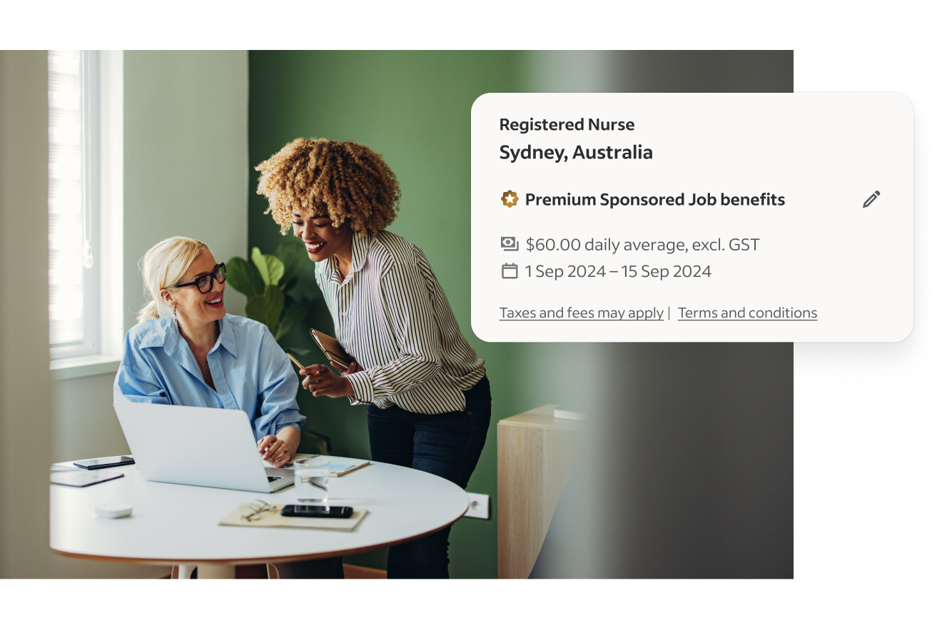 Two people talking over a computer with an image of an Indeed job post with the Premium Sponsored Job label showing. 
