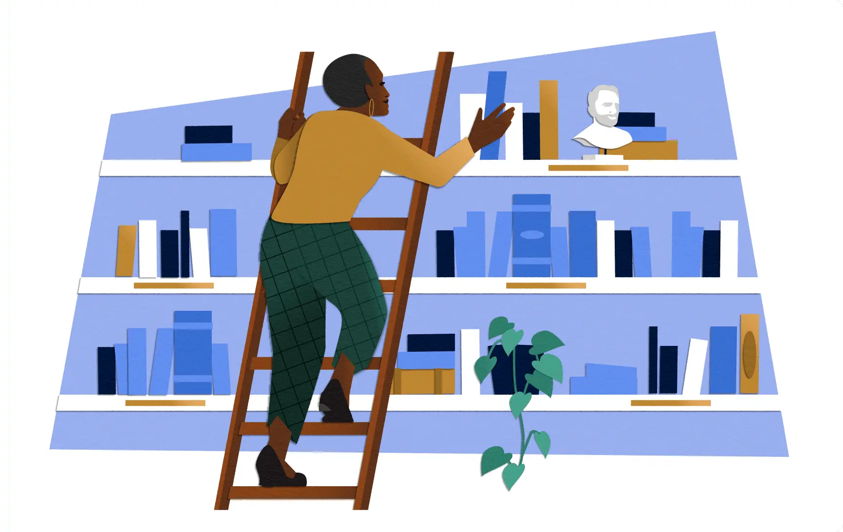 a woman climbing a ladder to reach books on a high shelf in a library, representing the many resources available in Indeed’s Help Centre