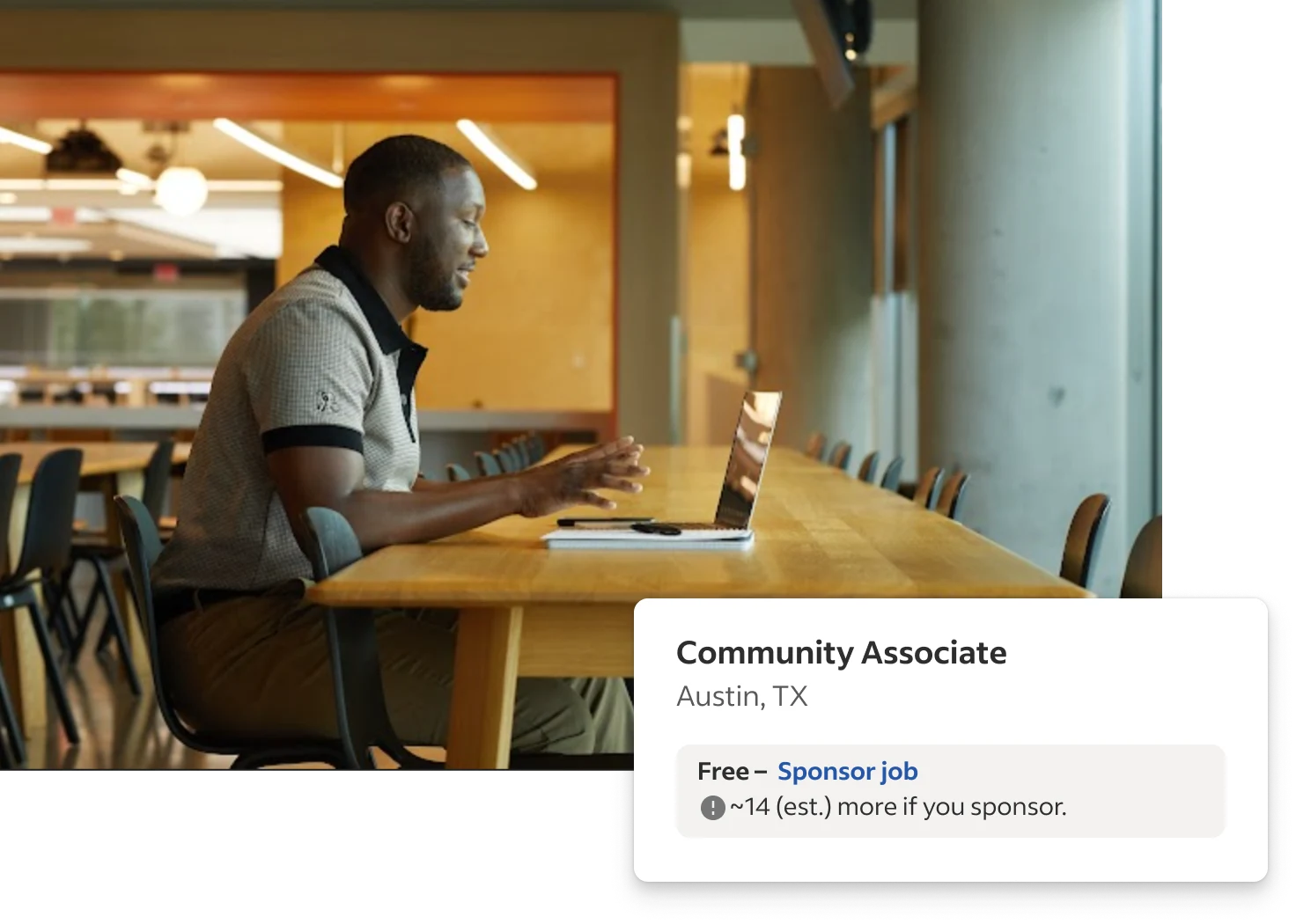 the man uses his laptop to look at a Sponsored Job he has posted on Indeed for a Community Associate position