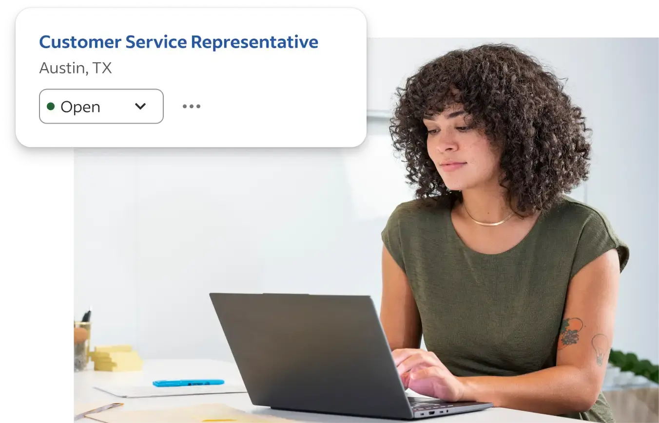 the woman uses her laptop to look at a position for a Customer Service Representative she has posted on Indeed