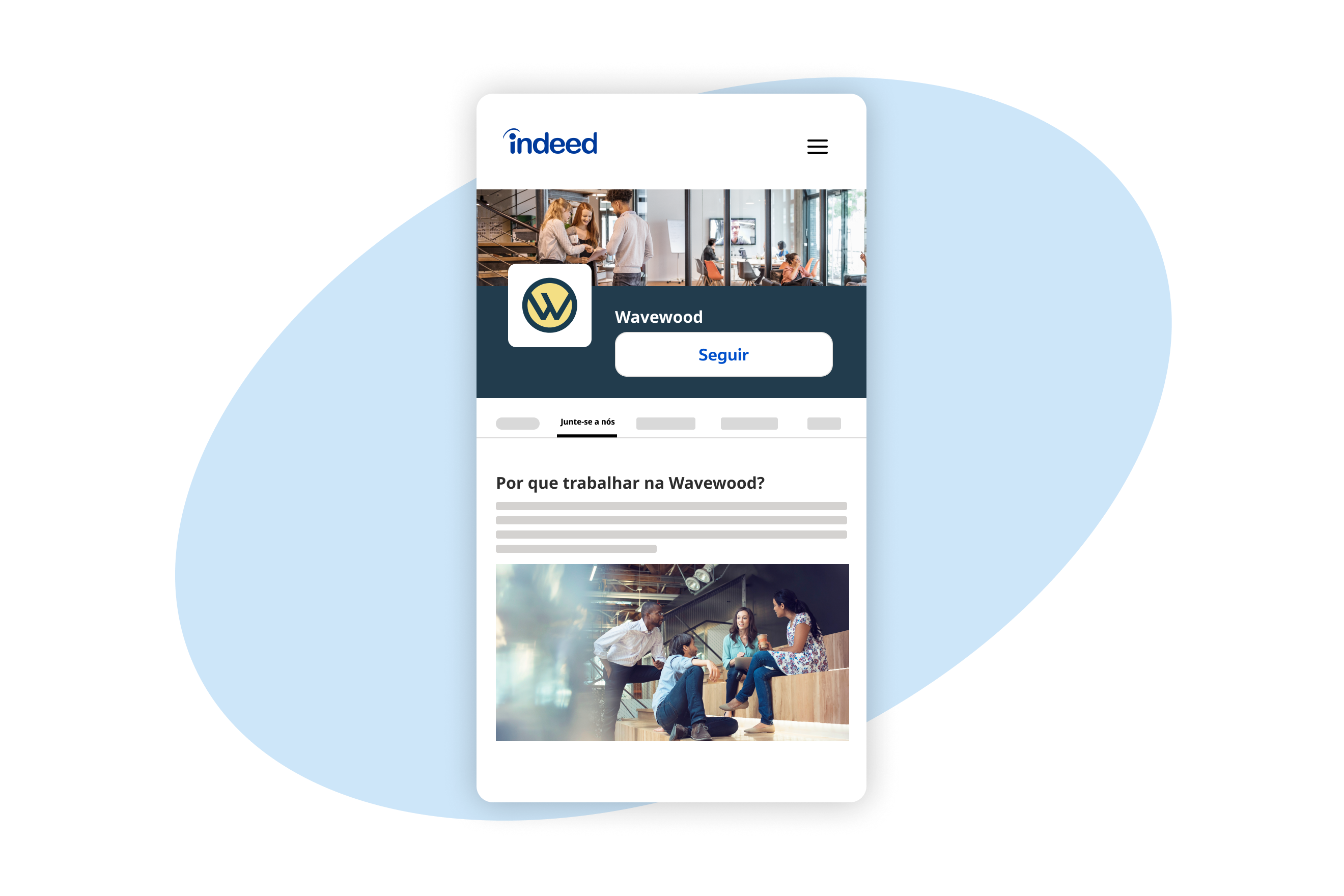 Modelo de um perfil de empresa personalizado para a Wavewood no Indeed em dispositivos móveis, mostrando o logotipo da empresa, o botão "Seguir" e uma seção de conteúdo "Como é trabalhar na Wavewood".