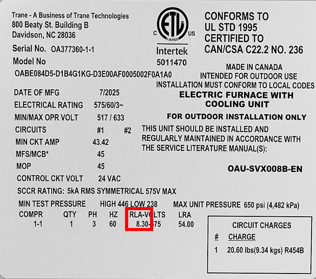 Example Trane Compressor Nameplate - Amperage
