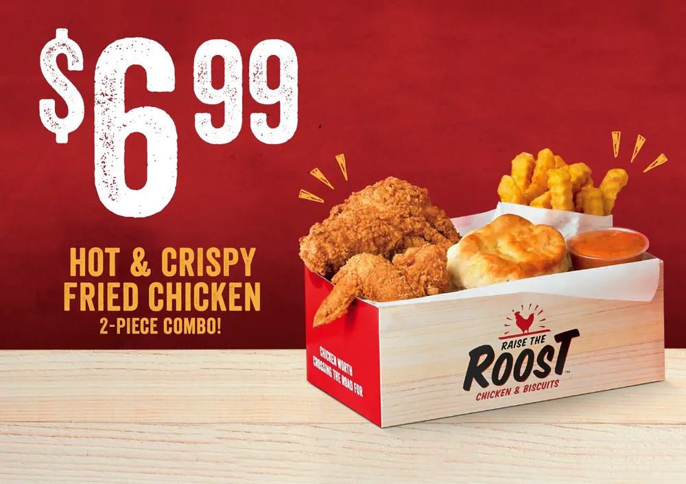 $6.99 Hot and Crispy 2 Piece Fried Chicken Combo. Comes with 2 pieces of chicken, fries, sauce, and a biscuit.