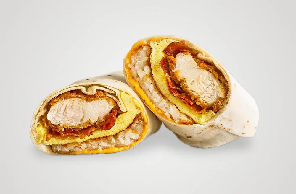 Crispy Chicken Burrito with Cheese, Hashbrowns, Egg, and Bacon