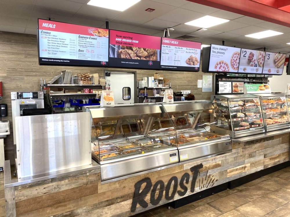 Interior view of Roost displaying Menus and Hot and ready chicken