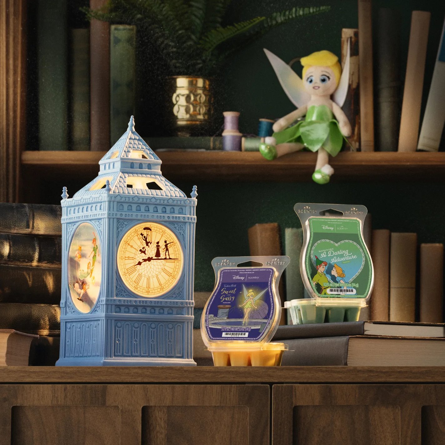 The Disney Peter Pan Collection is displayed on a bookcase.