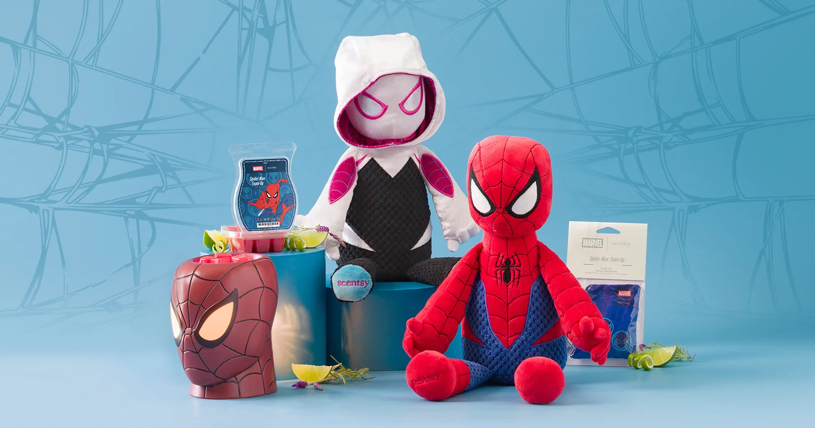 Marvel Spider-Man Collection products are arranged on risers against a blue background with spiderweb illustrations.