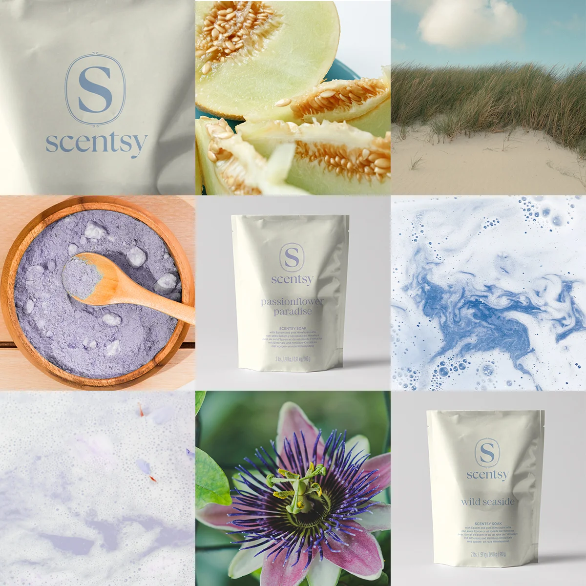 A collage of images with Scentsy Soak and photos that represent soothing fragrance notes.