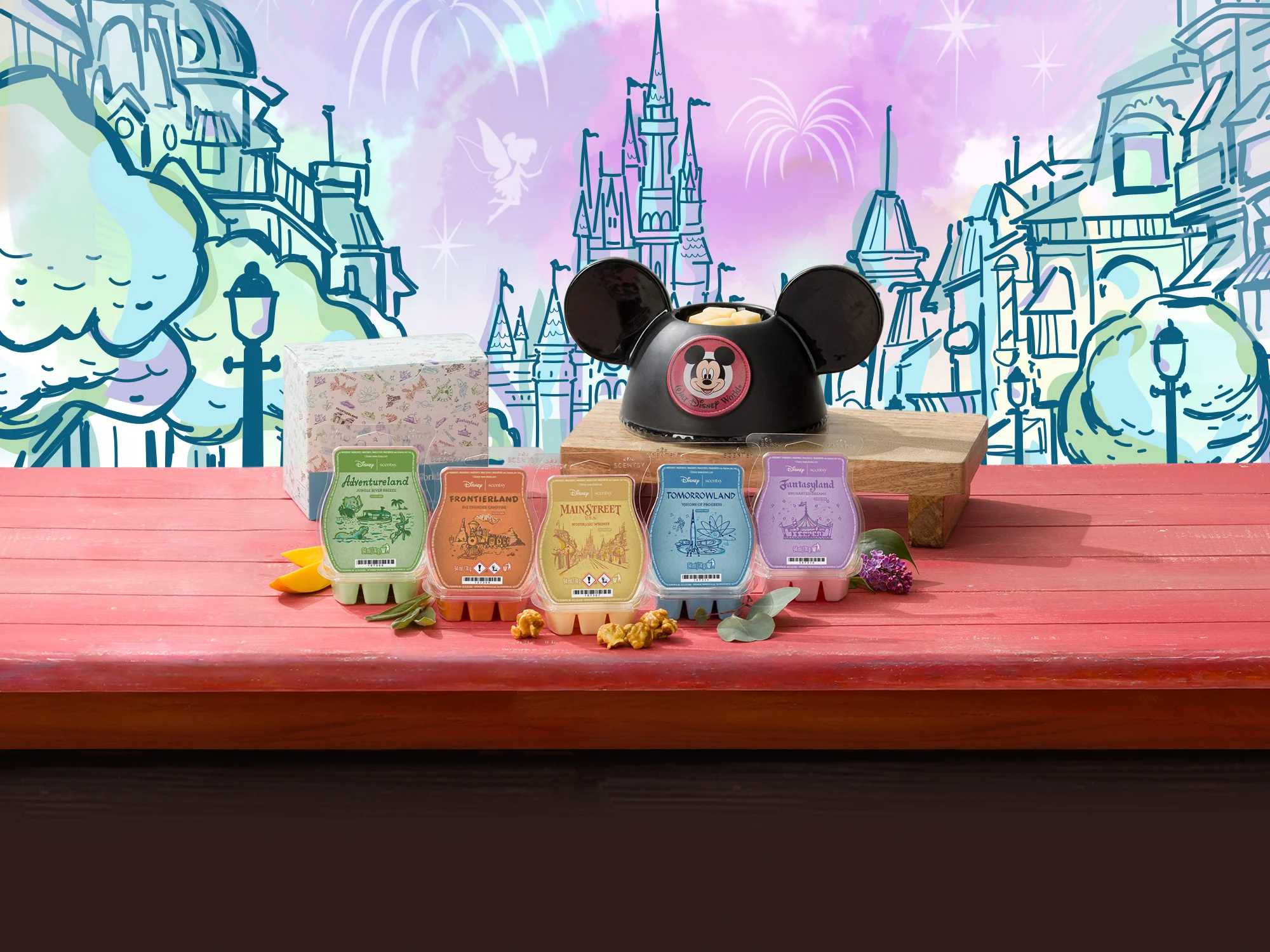 The Walt Disney World®: Embroidered Mickey Ears – Scentsy Warmer and Walt Disney World® – Scentsy Wax Collection are displayed with Disney World-style illustrations in the background. 