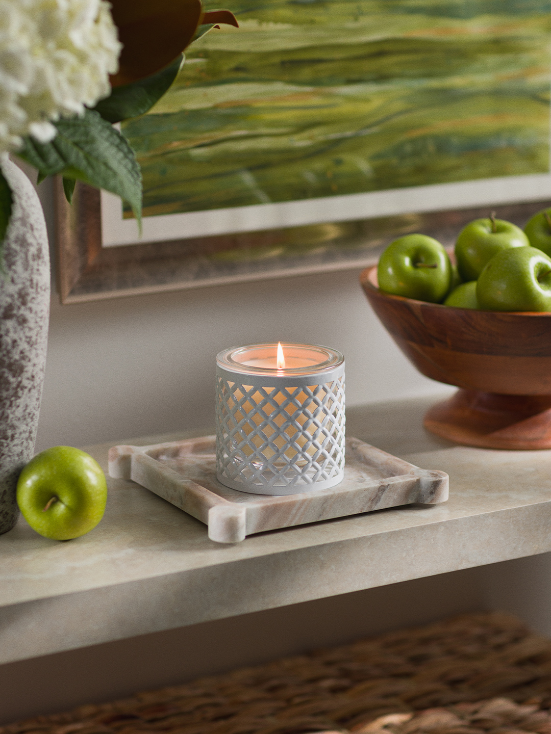 Scentsy Candle collection styled with White Trellis lifestyle decor for the Candle Insert Promo tri-image banner, panel 1.