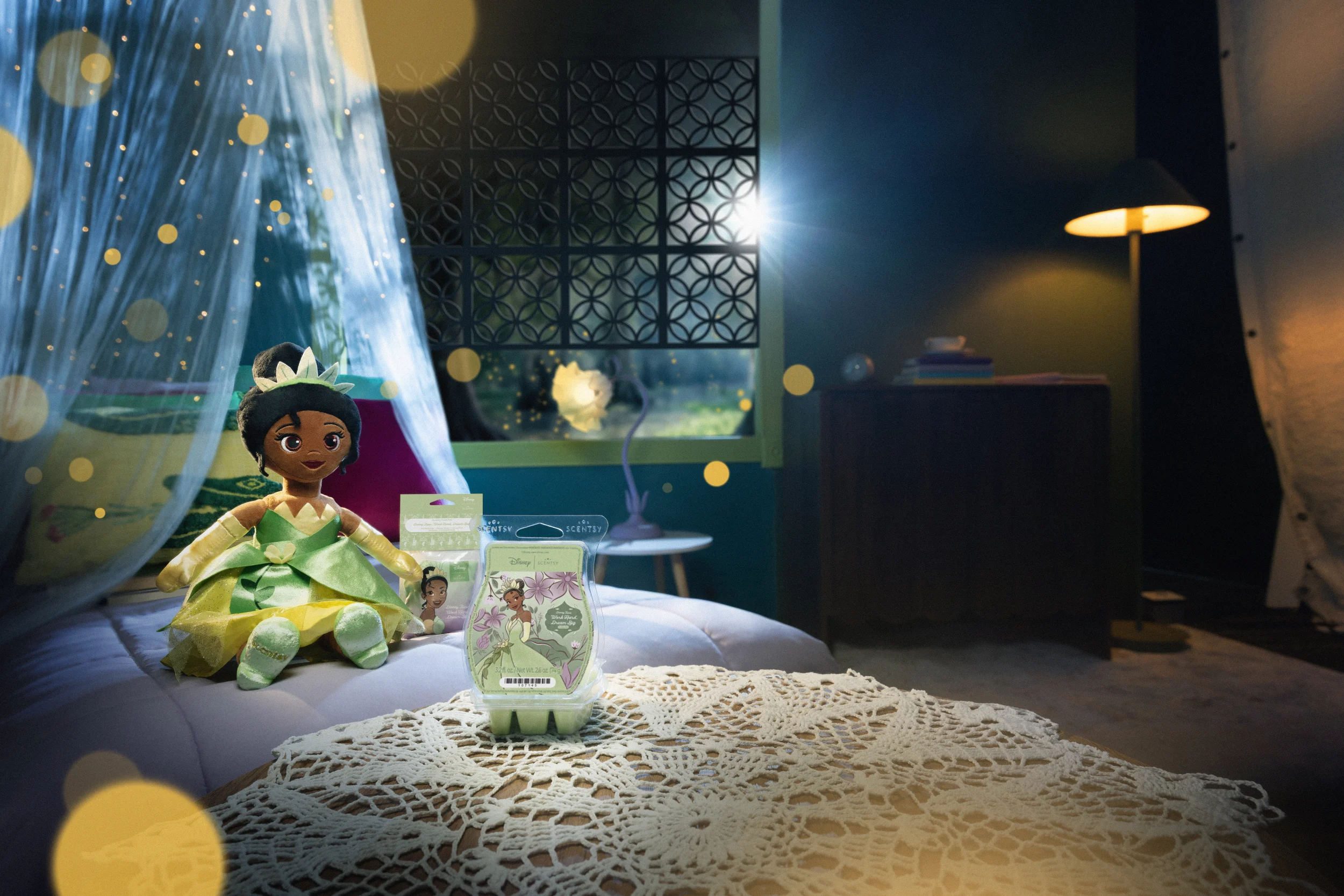 Producten uit de Disney Tiana Collectie worden in een slaapkamer getoond.