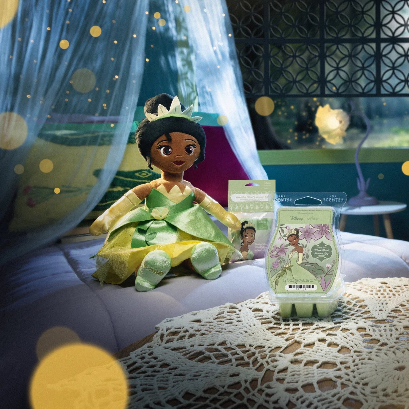 Disney Tiana Collection products are displayed in a bedroom setting.