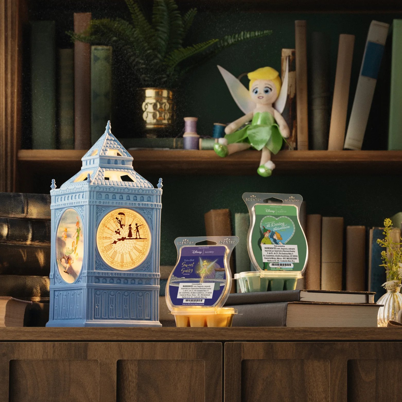 The Disney Peter Pan Collection is displayed on a bookcase.