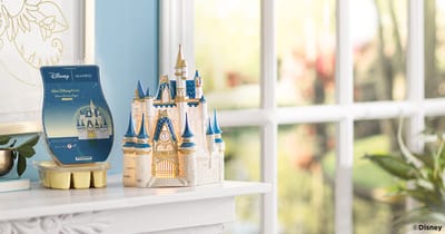  A Walt Disney World: Cinderella Castle – Scentsy Warmer is displayed next to an open Walt Disney World: Where Dreams Begin – Scentsy Brick on a mantle near a window.