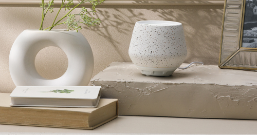 White speckled Tabletop Fan Diffuser with rounded bowl shape on textured gray pedestal, styled with circular vase, books, and gold-framed mirror on neutral surface