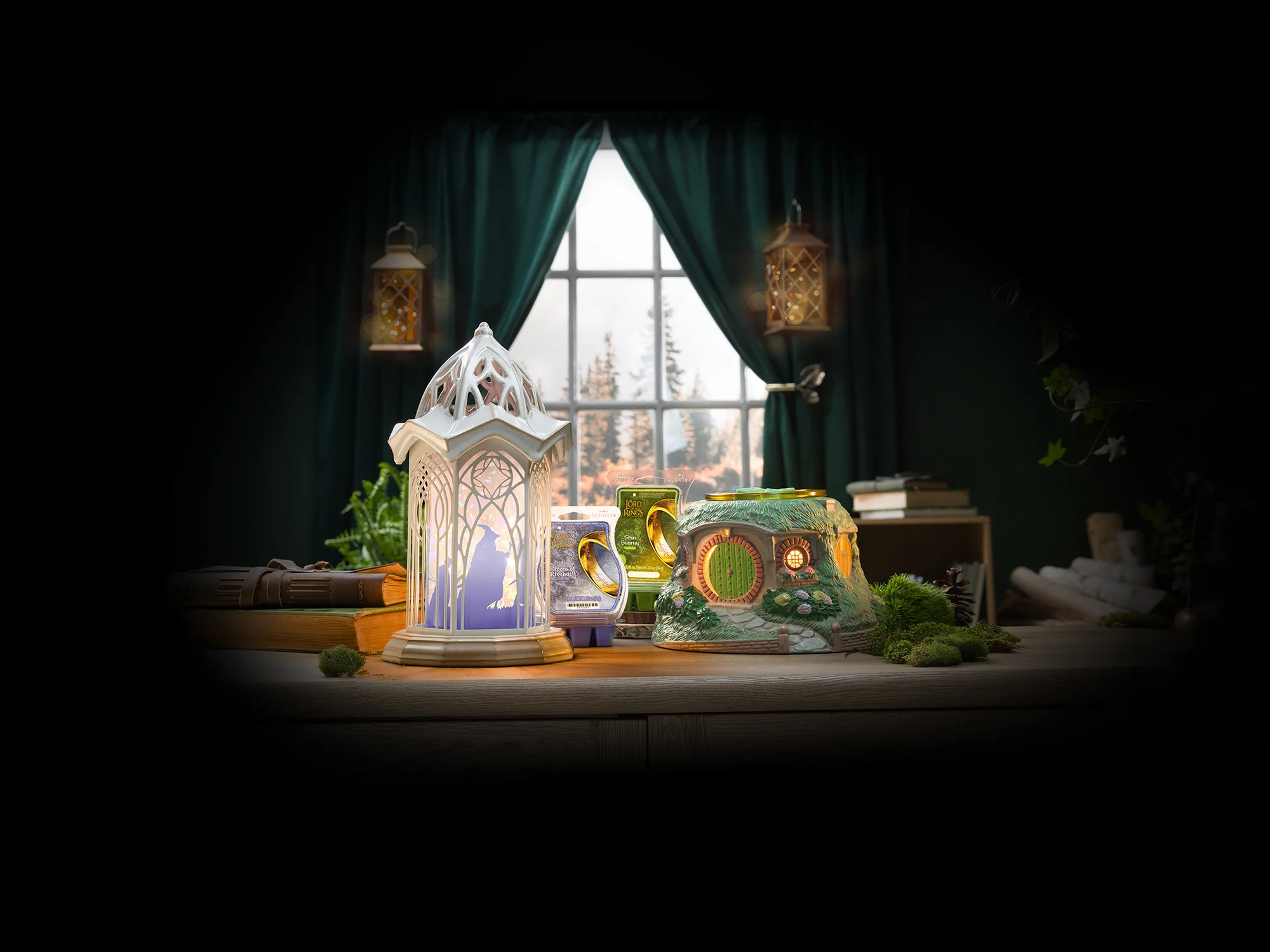 The Lord of the Rings Collection warmers and fragrances are displayed in a room styled to look like Middle-earth.