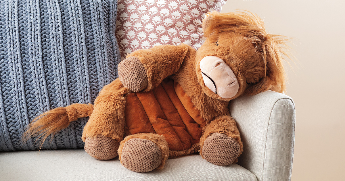 Hamish the Highland Cow Weighted & Warming Scentsy Buddy plush sitting on a chair in a cozy home setting.