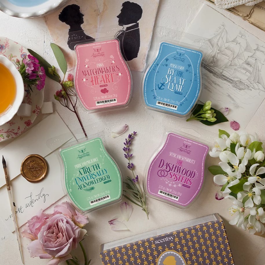 Jane Austen Wax Collection bars pictured with various period items, including a cup of tea, handwritten letters, and a letter with a wax seal.