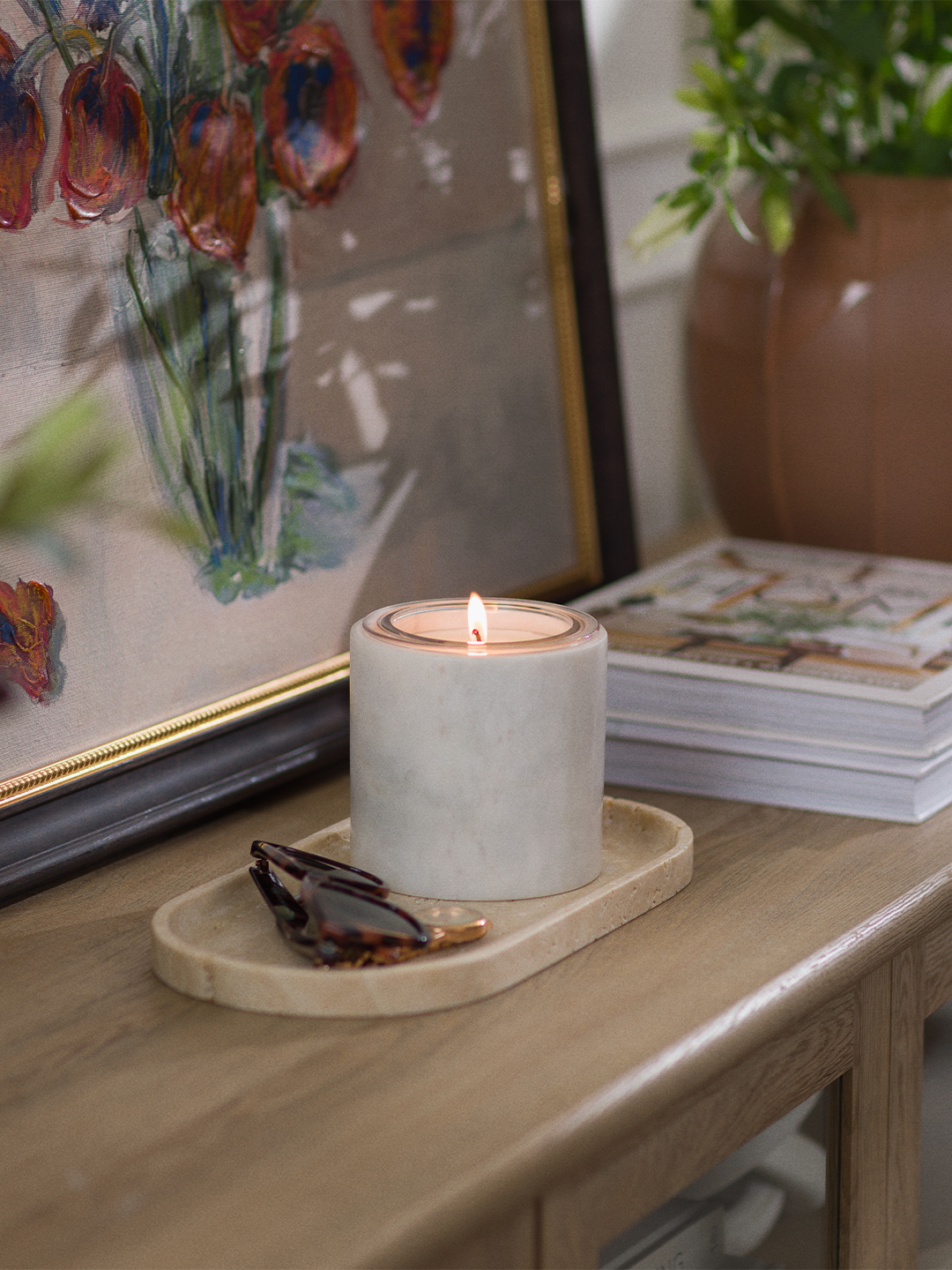 Scentsy Candle collection styled with Marble lifestyle decor for the Candle Insert Promo tri-image banner, panel 3.