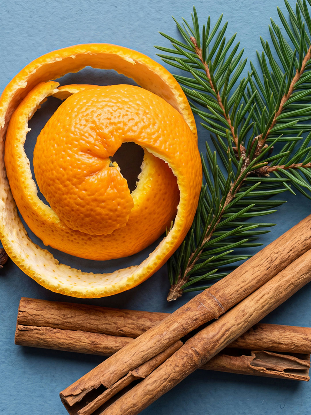 A close-up flat lay of red poinsettia leaves, pine sprigs, a cinnamon stick, and a citrus slice styled to evoke Scentsy's holiday wax fragrance notes.
