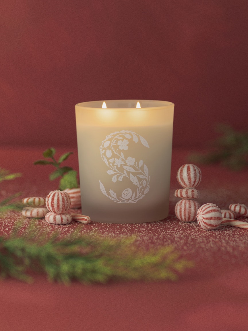 Scentsy Sugared Peppermint Pine Candle in a glass jar, surrounded by green pine needles and red and white peppermint candies on a vibrant red background.