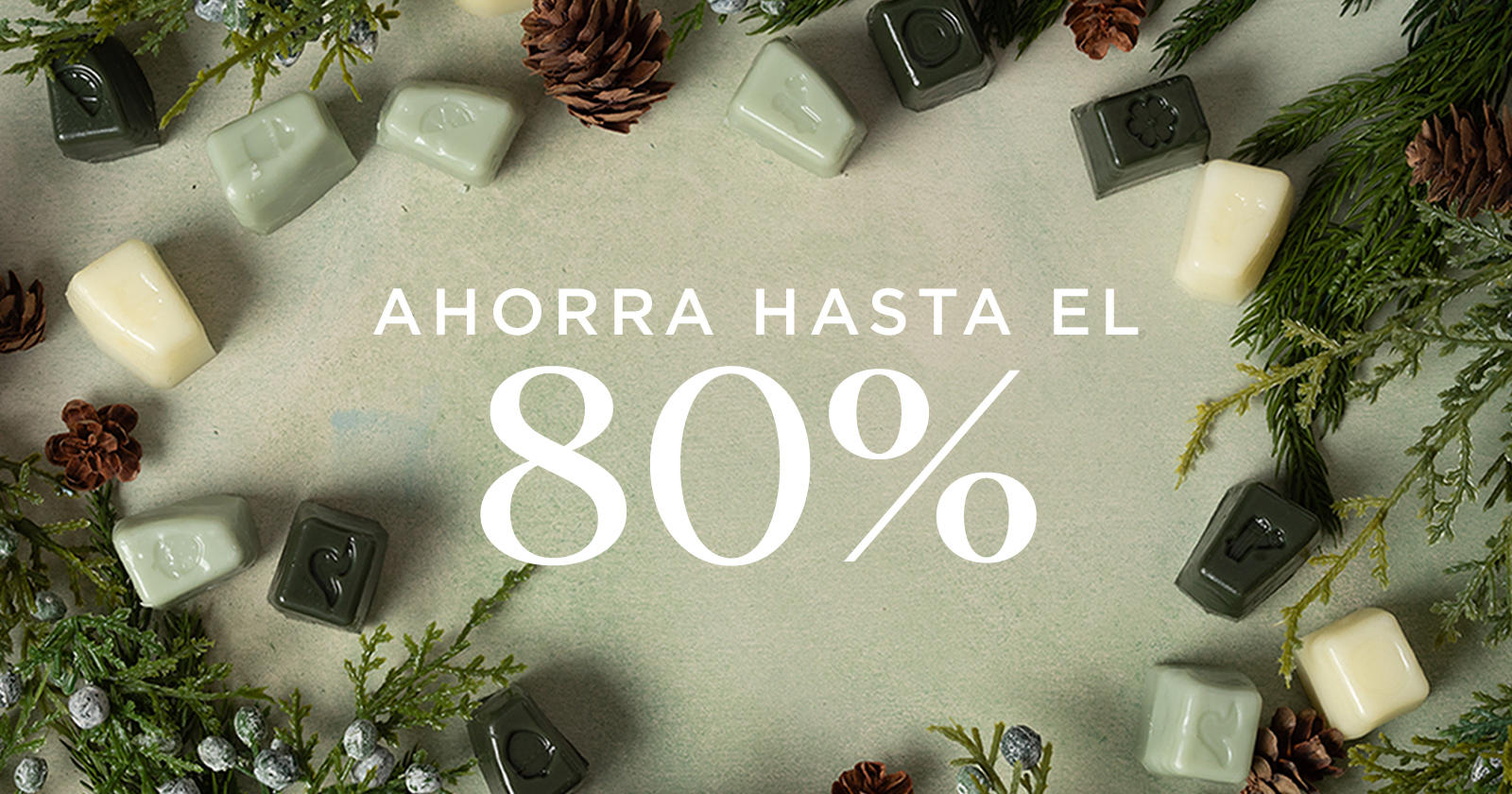 Composición plana con tema navideño que muestra cubos variados de barras de cera Scentsy acomodados en forma circular junto con piñas y ramas de coníferas, rodeando el texto “Ahorra hasta un 80 %” en color blanco sobre un fondo verde claro.