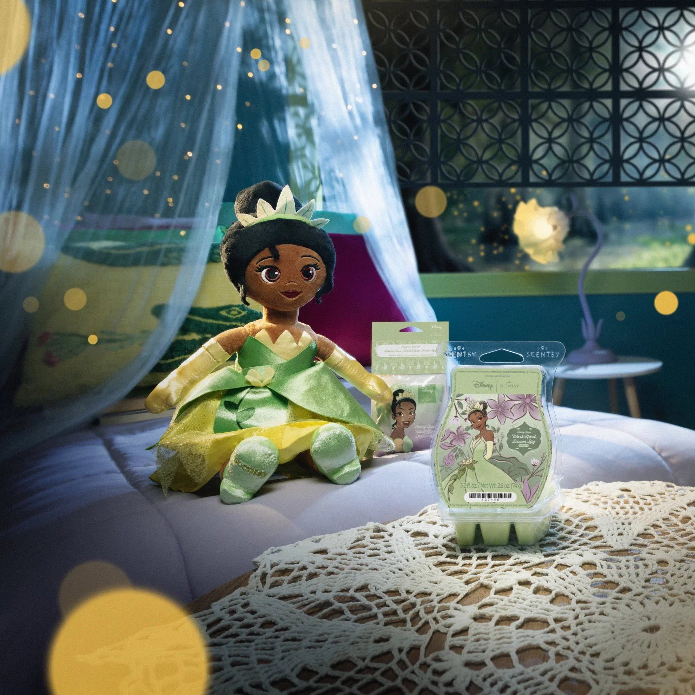 Disney Tiana Collection products are displayed in a bedroom setting.