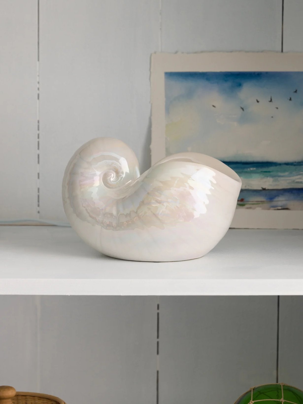 A Nautilus Warmer is displayed on a shelf with books and coastal décor.