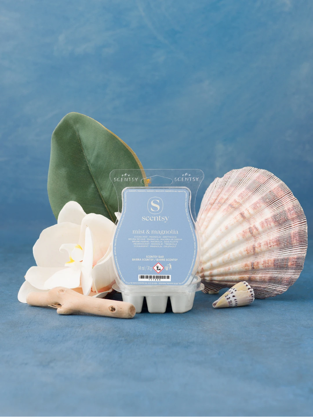 Mist & Magnolia Scentsy Bar sitting by seashells and florals