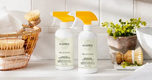 Scentsy schoonmaakproducten gepresenteerd op een aanrecht met natuurlijke decoratie in een lichte, frisse woonomgeving.