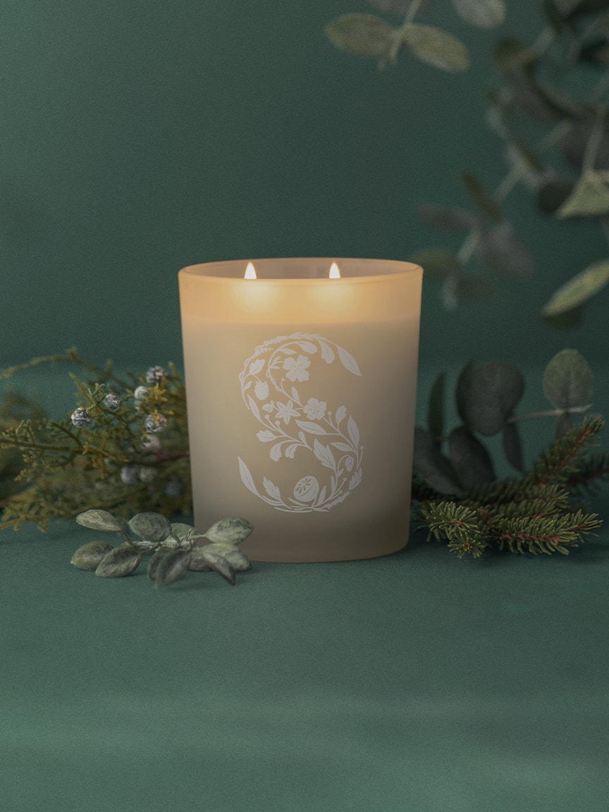 Scentsy Eucalyptus Wreath Candle in a glass jar, surrounded by lush green botanicals, set against a green background.