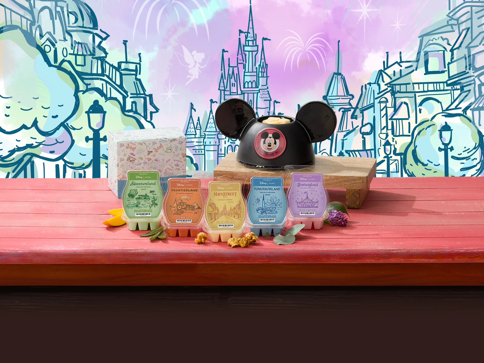 The Walt Disney World®: Embroidered Mickey Ears – Scentsy Warmer and Walt Disney World® – Scentsy Wax Collection are displayed with Disney World-style illustrations in the background. 