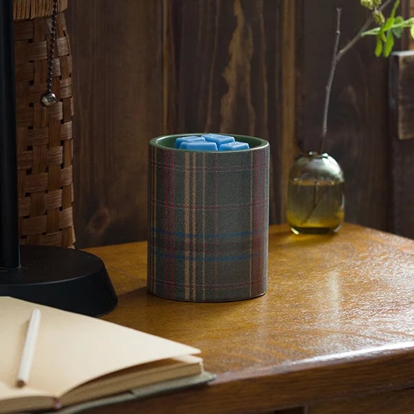 Cozy Cabin Edit Warmers on display in a rustic cabin setting with evergreen and pinecones, a fish painting and a window to the lake outside. 