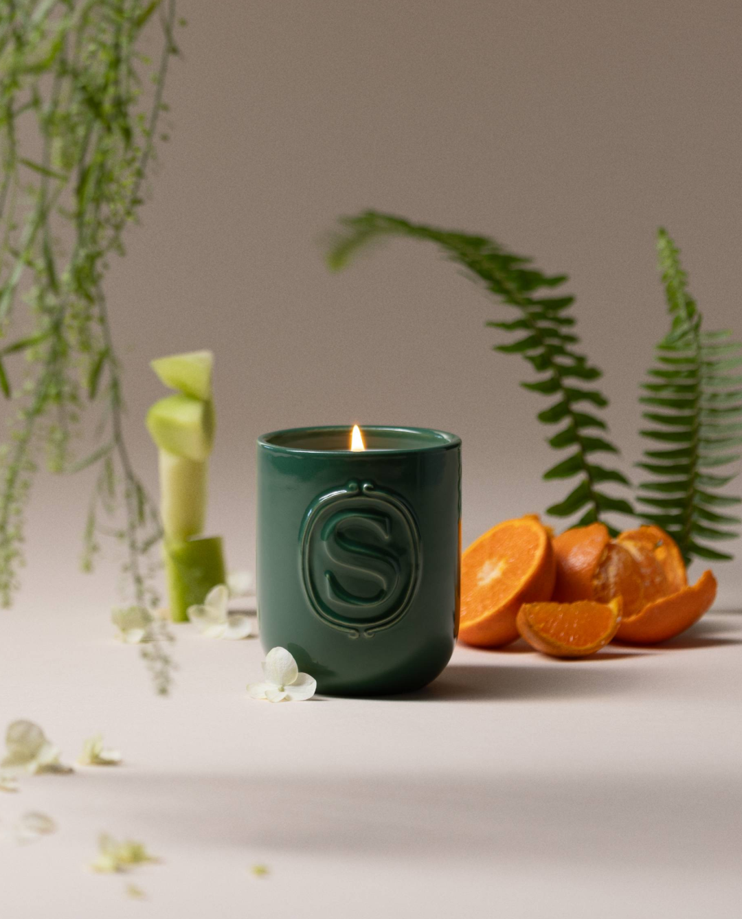 Scentsy Sugared Peppermint Pine Candle in a glass jar, surrounded by green pine needles and red and white peppermint candies on a vibrant red background.