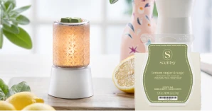 A lit Fancy Filigree Mini Warmer is displayed with lemons and a Lemon Sugar & Sage Scentsy Bar in front of a window.