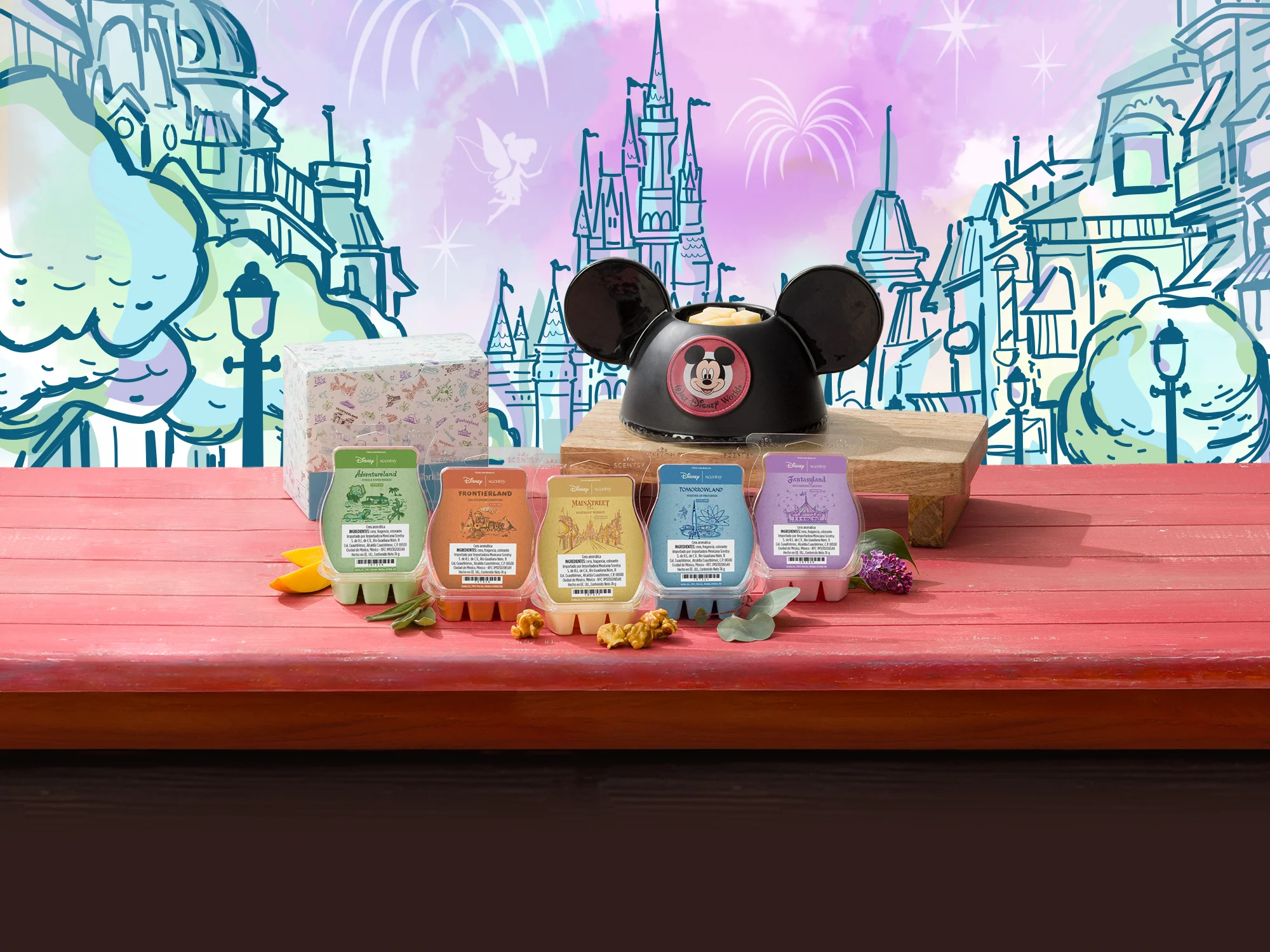 The Walt Disney World®: Embroidered Mickey Ears – Scentsy Warmer and Walt Disney World® – Scentsy Wax Collection are displayed with Disney World-style illustrations in the background. 