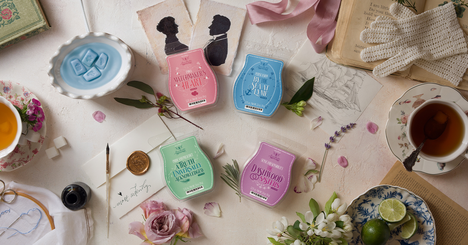 Four Jane Austen–inspired Scentsy Bars arranged among teacups, silhouette portraits, a wax-sealed letter, lace gloves and fresh flowers.