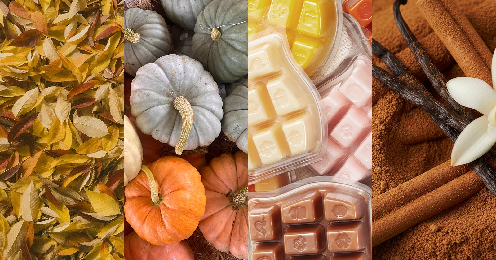 A series of four photographs picturing fallen leaves, miniature pumpkins, a colorful collection of Scentsy Wax Bars, and cinnamon and vanilla.