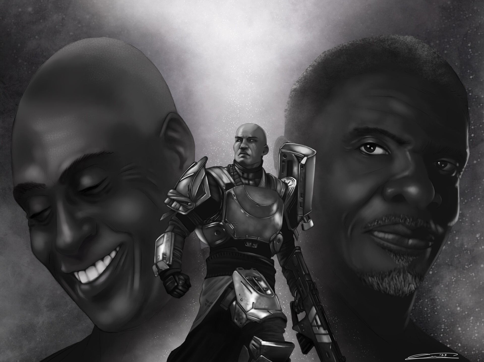 Black and white tribute art showcasing Lance Reddick on the left and Keith David on the right with the character they both share, Zavala, in the center