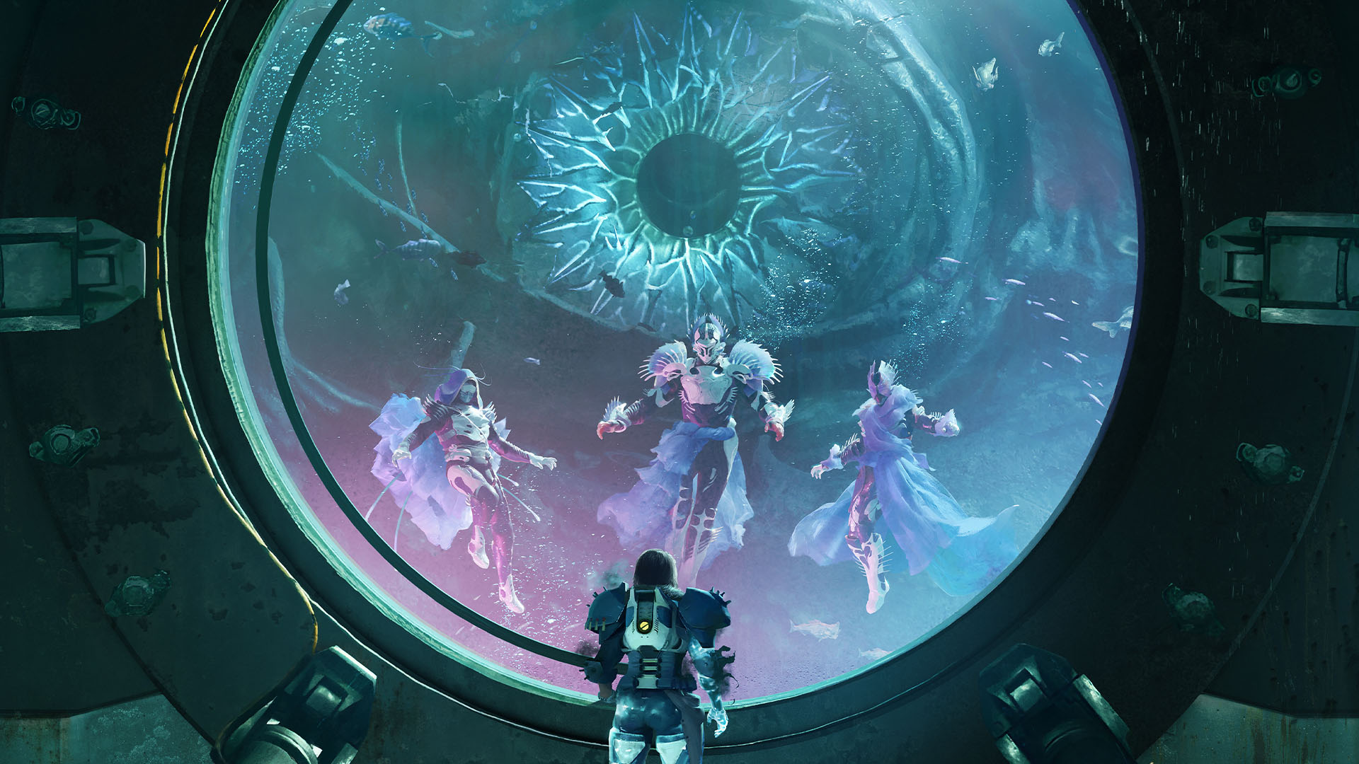 Key art with a returning character facing off against three guardians underwater with a mysterious eye looming behind them.