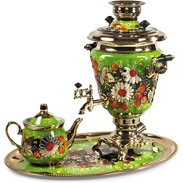 Large green patterned Samovar tea container with a smaller pot on a similarly ornate tray.