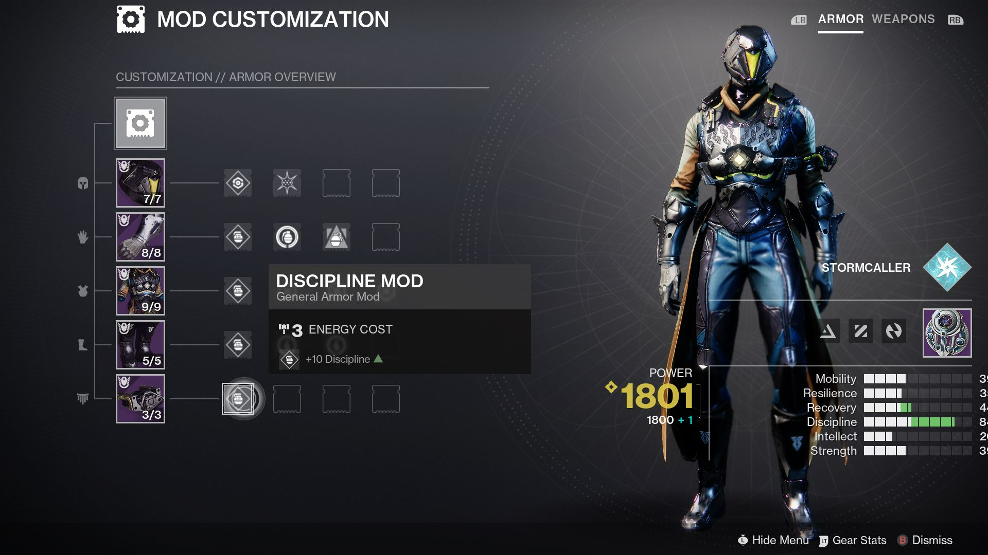 A full-body shot of a Warlock in the new mod customization screen