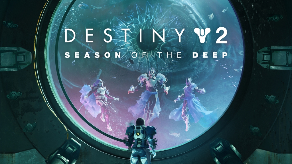 Key art with a returning character facing off against three guardians underwater with a mysterious eye looming behind them.