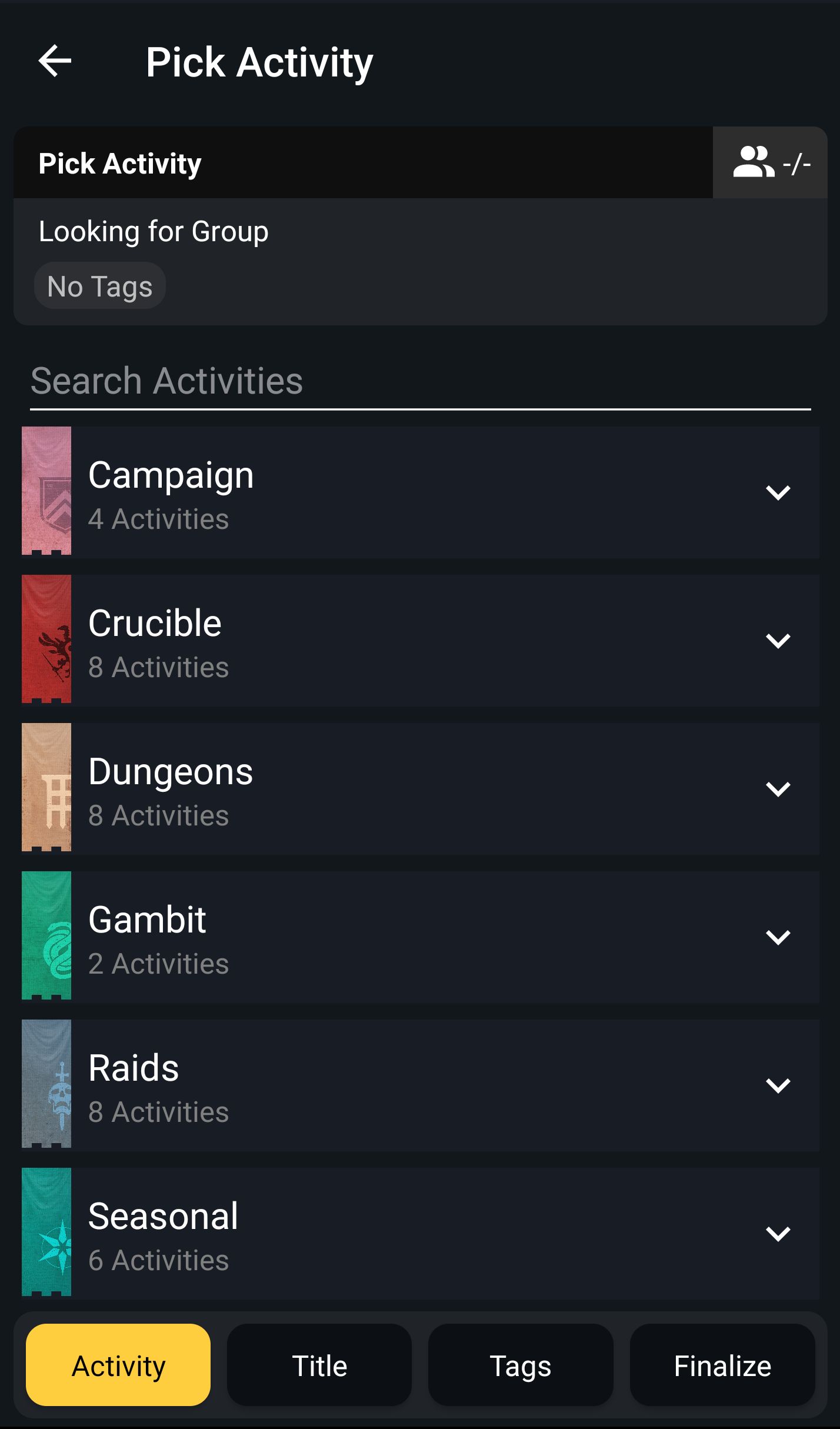 Screenshot of the new fireteam finder page in the companion app