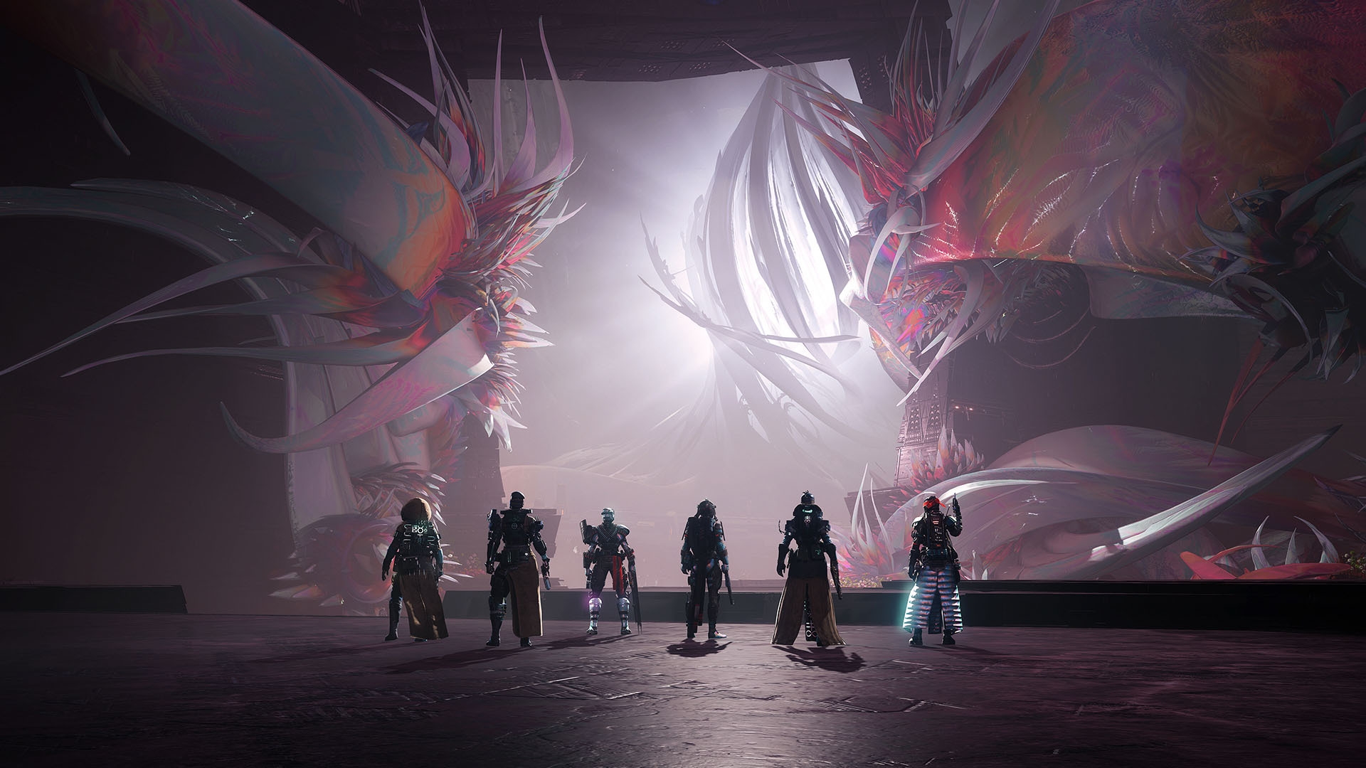 A still of six guardians staring into an open abyss at the start of the new raid for season 20