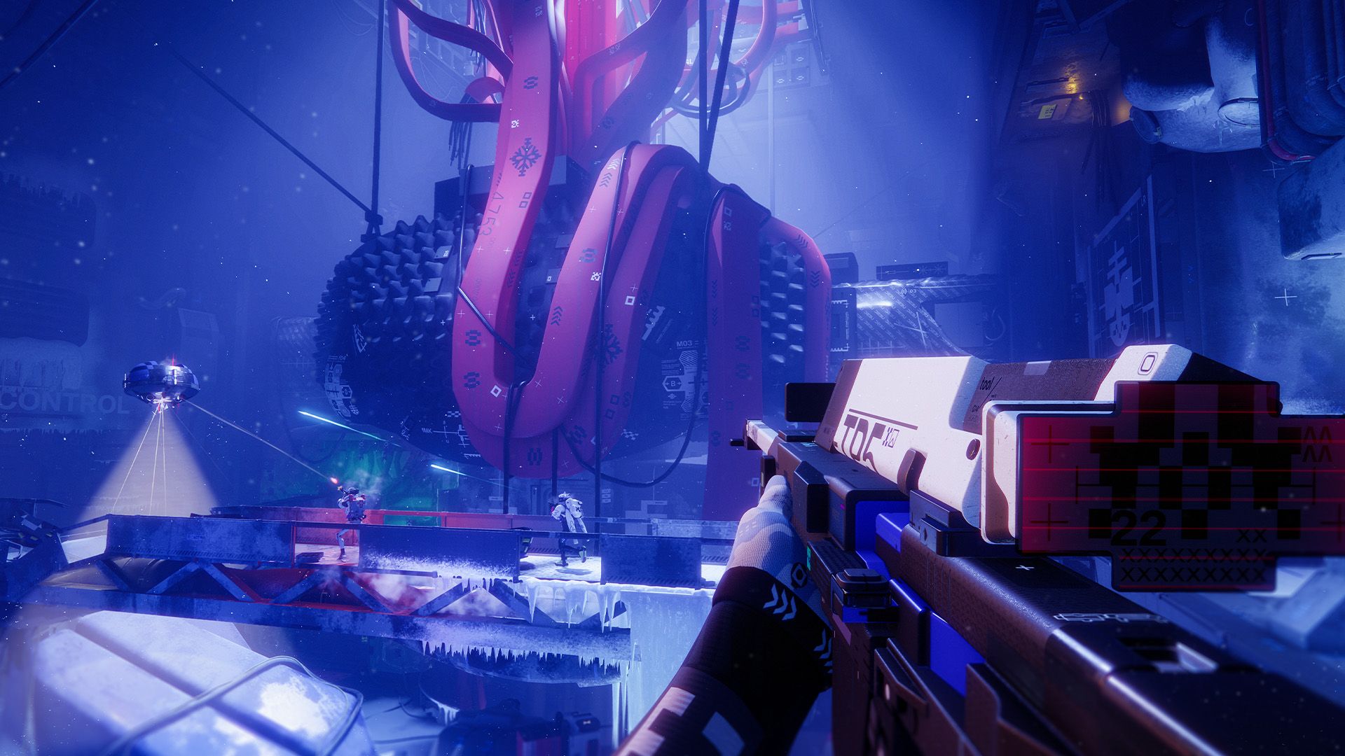 A firefight on an icy walkway under red pipes, a CONTROL sign glowing behind