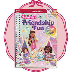 'Friendship Fun' book from American Girl illustration with pink circular background framing the book.