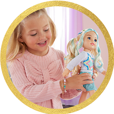 Little girl playing with an AG Sister doll